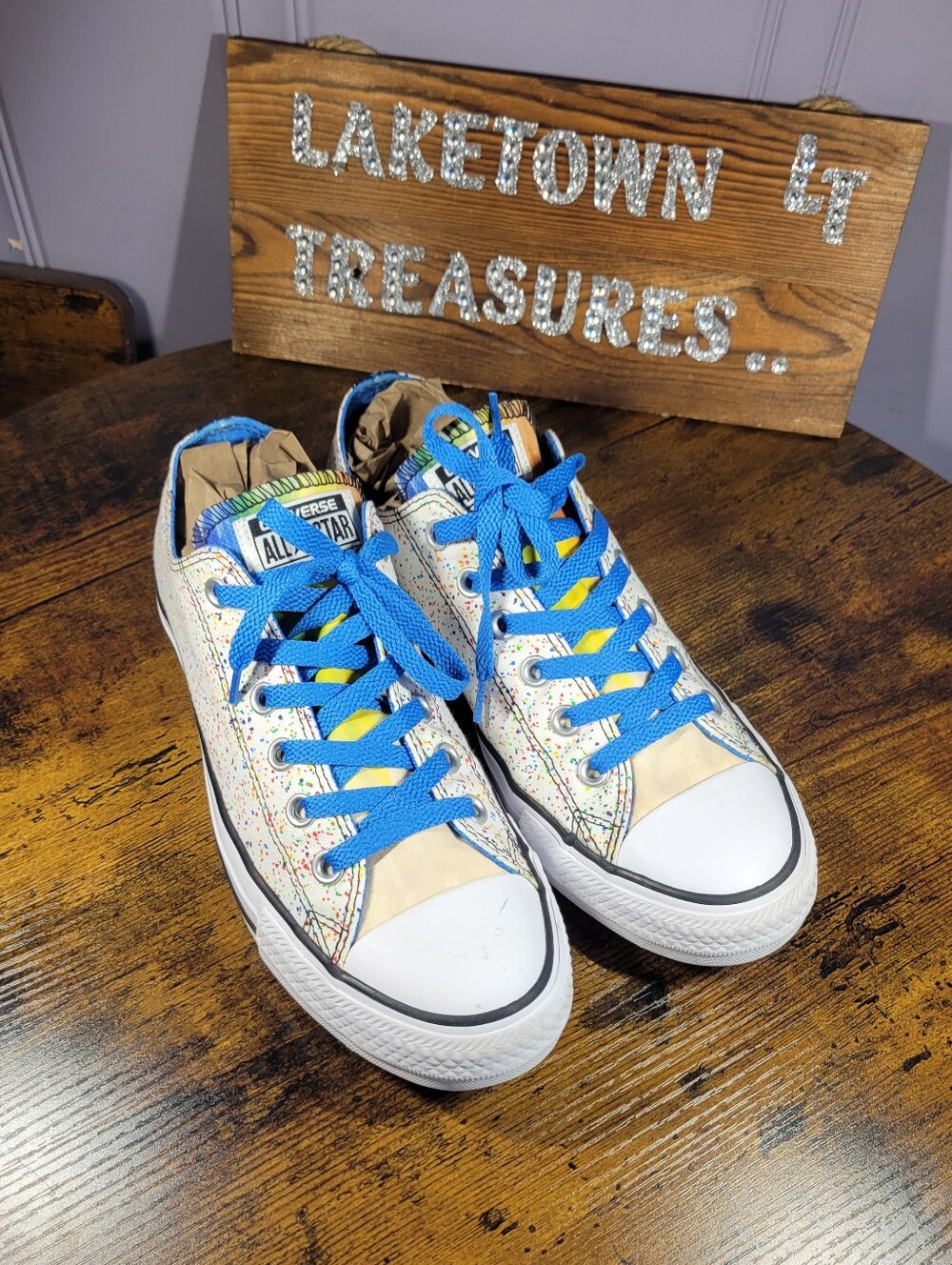 Converse Low Top Sneakers - White Canvas with Blue Laces and Multicolor Splatter